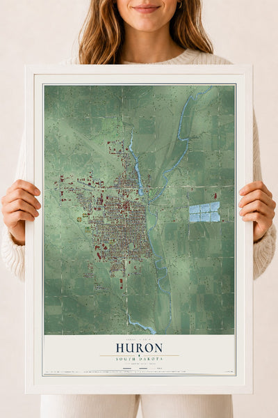 Map of Huron, South Dakota, 18 x 24 inch print in a white wood frame