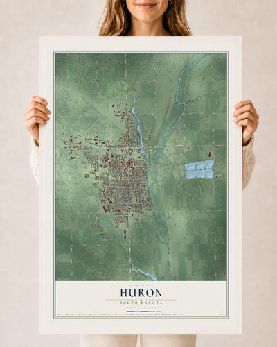 Map of Huron, South Dakota, 24 x 36 inch print in a white wood frame