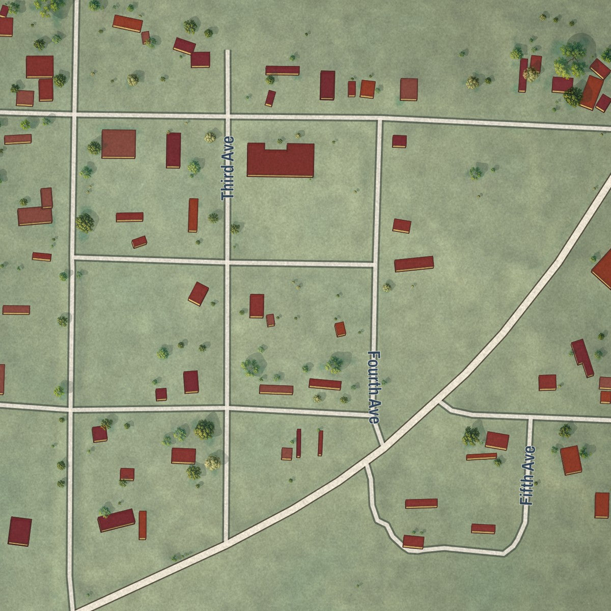 Close-up of the map of Interior, South Dakota print showing street and building detail