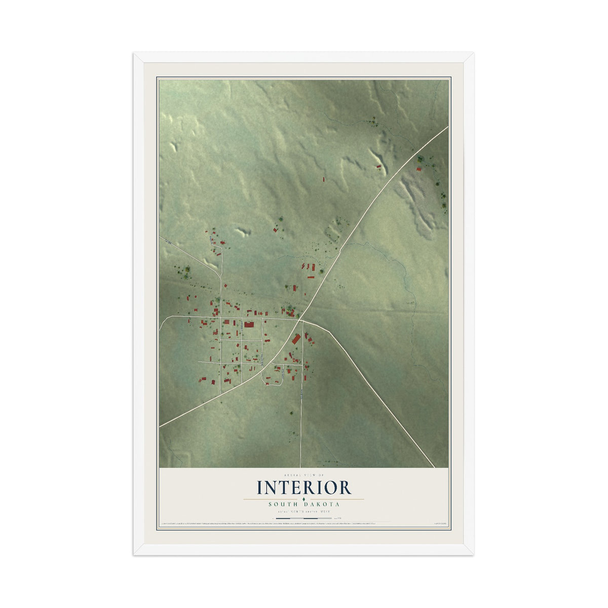 Map of Interior, South Dakota, 12 x 18 inch print in a white wood frame