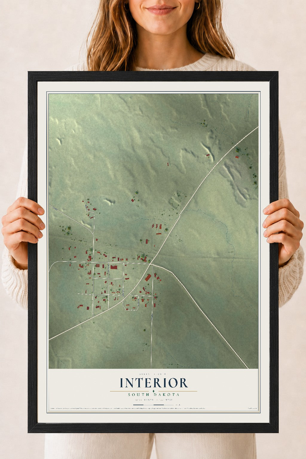 Map of Interior, South Dakota, 18 x 24 inch print in a black wood frame