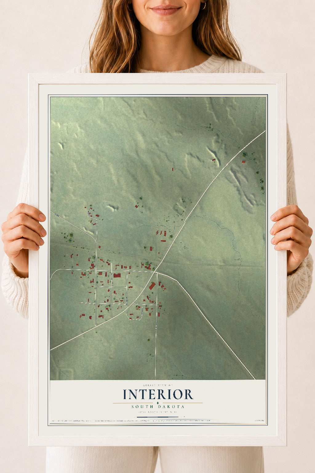Map of Interior, South Dakota, 18 x 24 inch print in a white wood frame