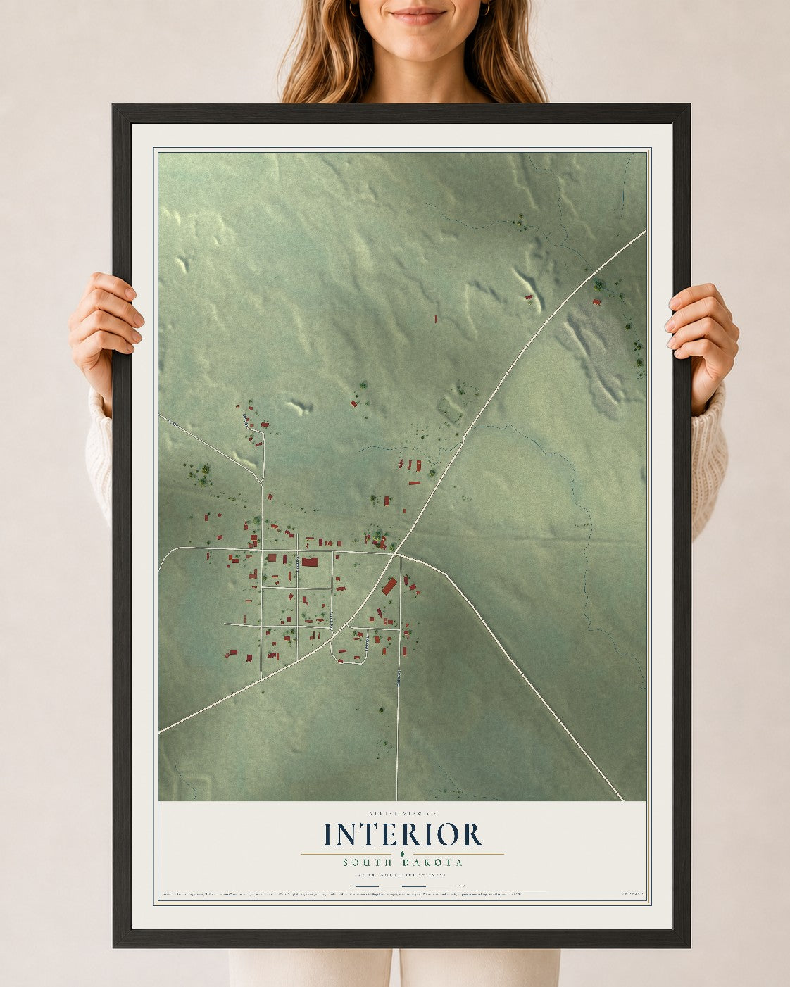 Map of Interior, South Dakota, 24 x 36 inch print in a black wood frame
