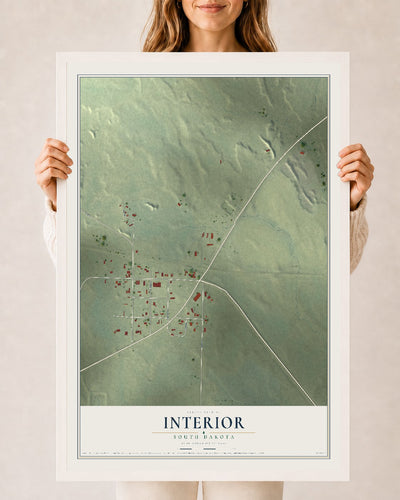 Map of Interior, South Dakota, 24 x 36 inch print in a white wood frame
