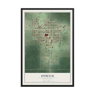 Map of Ipswich, South Dakota, 12 x 18 inch print in a black wood frame