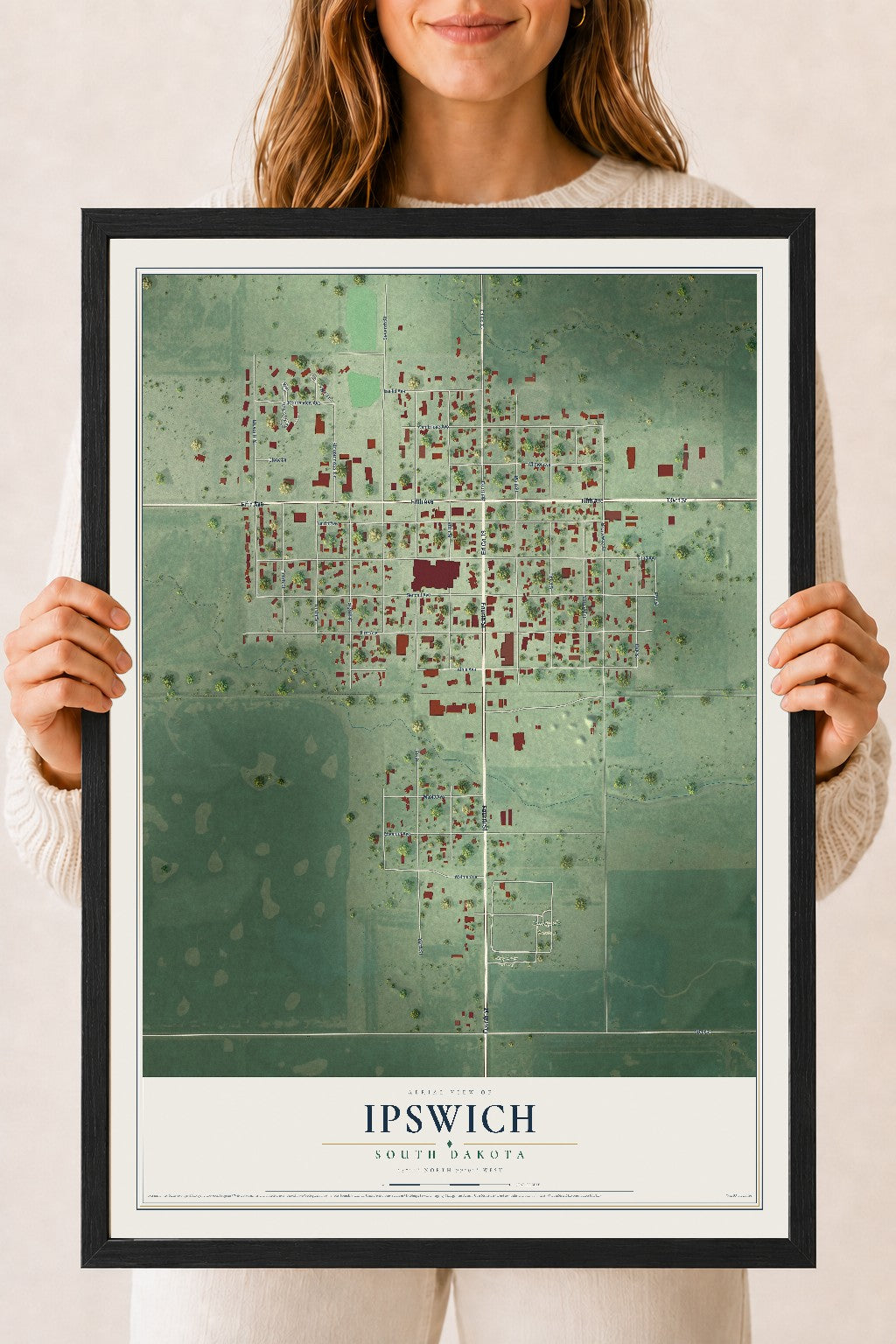 Map of Ipswich, South Dakota, 18 x 24 inch print in a black wood frame