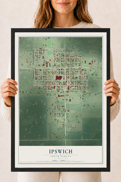Map of Ipswich, South Dakota, 18 x 24 inch print in a black wood frame