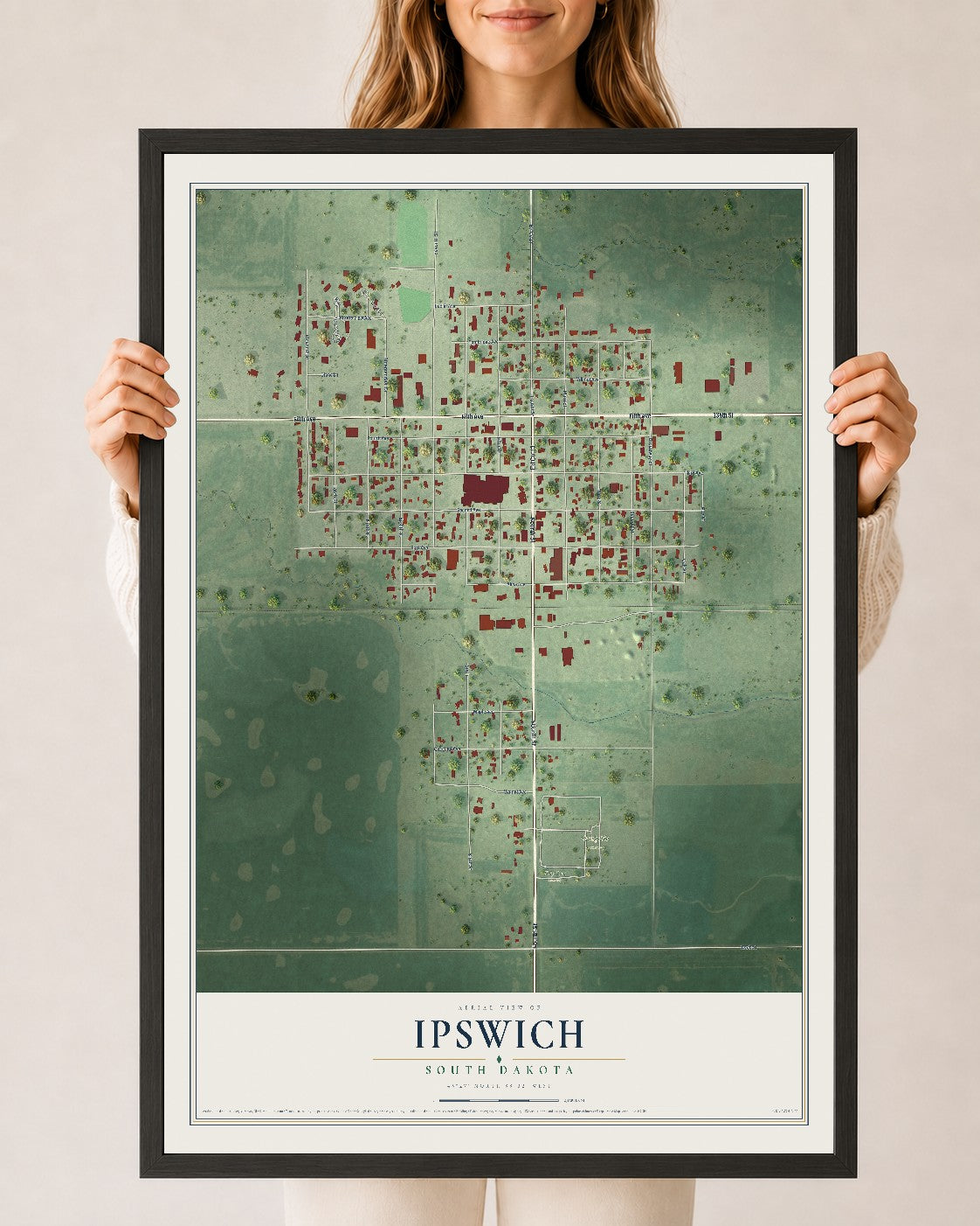 Map of Ipswich, South Dakota, 24 x 36 inch print in a black wood frame