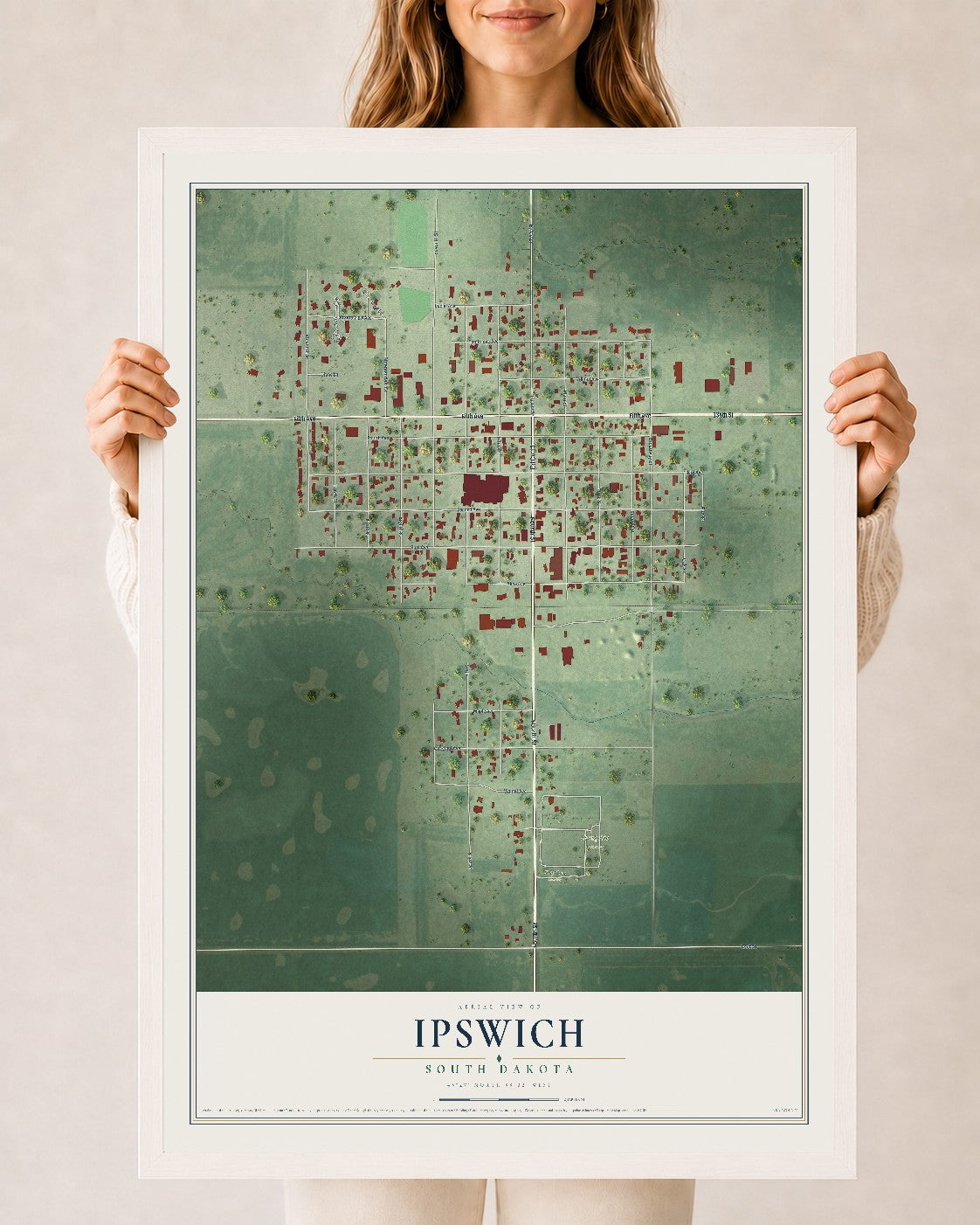 Map of Ipswich, South Dakota, 24 x 36 inch print in a white wood frame