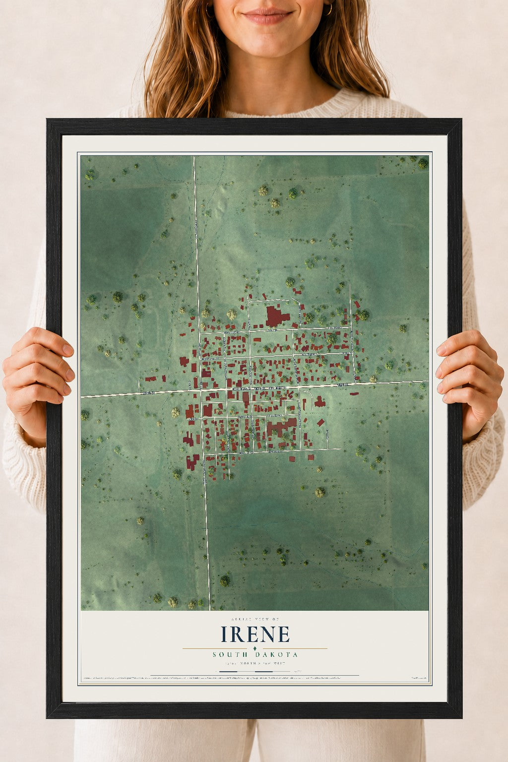 Map of Irene, South Dakota, 18 x 24 inch print in a black wood frame