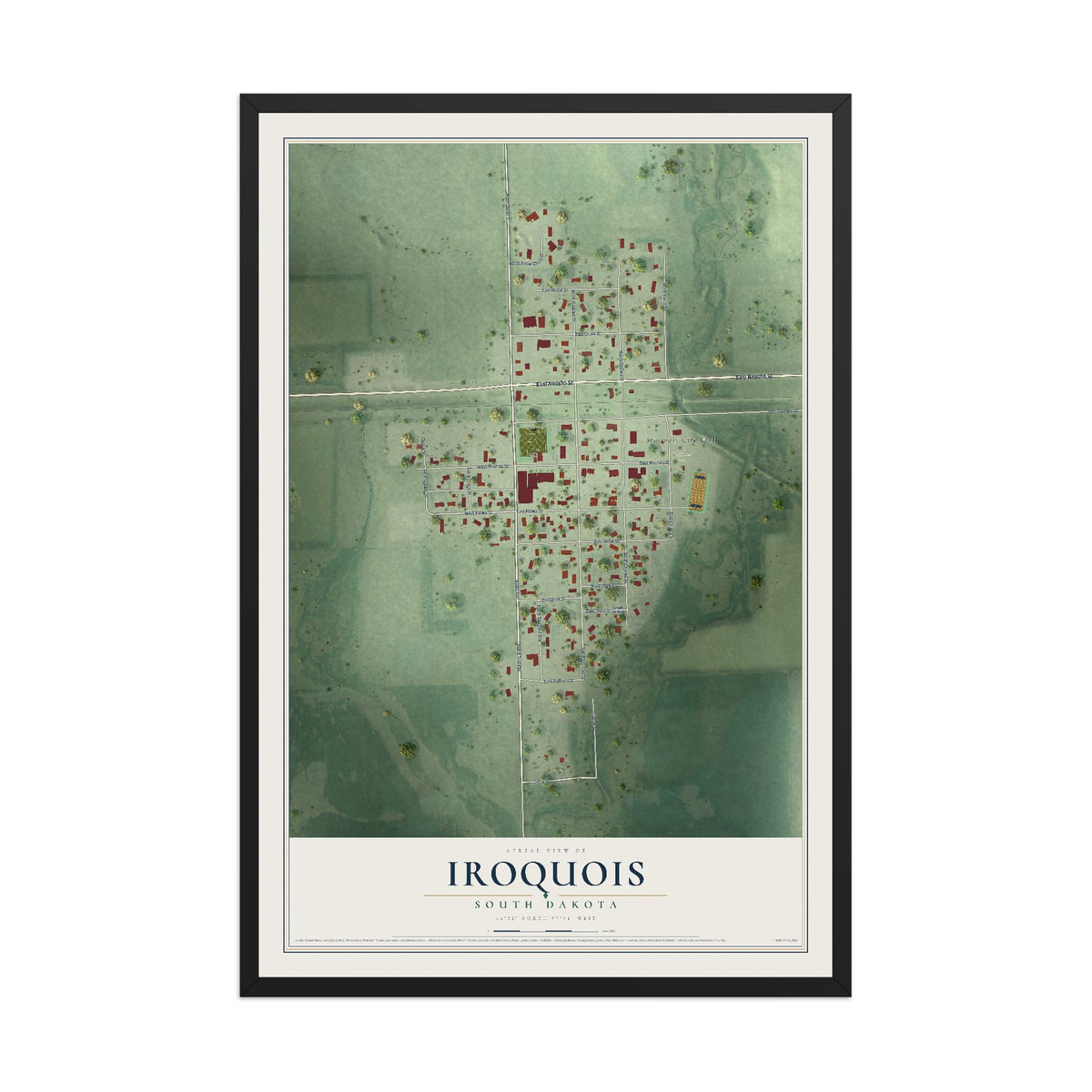 Map of Iroquois, South Dakota, 12 x 18 inch print in a black wood frame