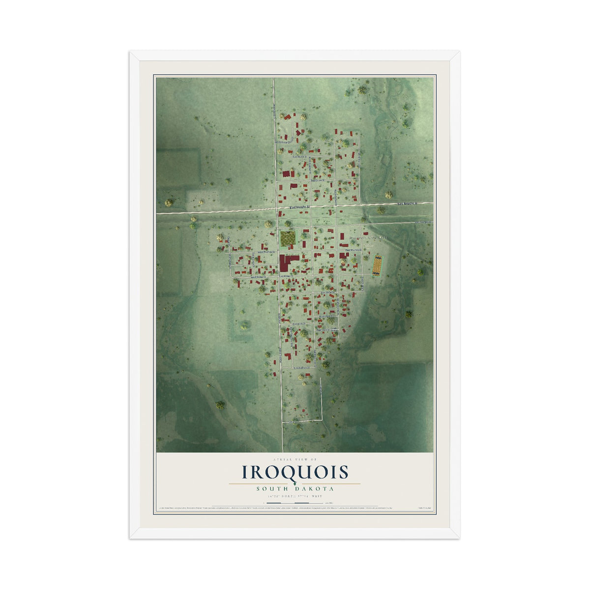 Map of Iroquois, South Dakota, 12 x 18 inch print in a white wood frame