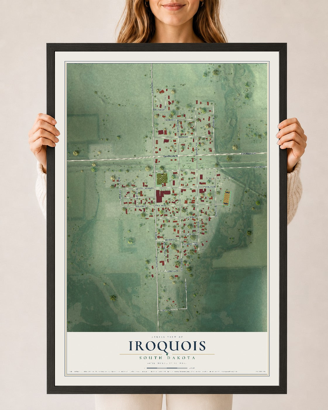 Map of Iroquois, South Dakota, 24 x 36 inch print in a black wood frame