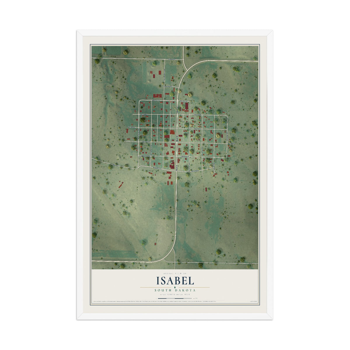 Map of Isabel, South Dakota, 12 x 18 inch print in a white wood frame