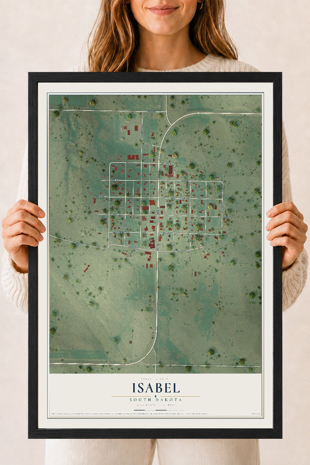 Map of Isabel, South Dakota, 18 x 24 inch print in a black wood frame