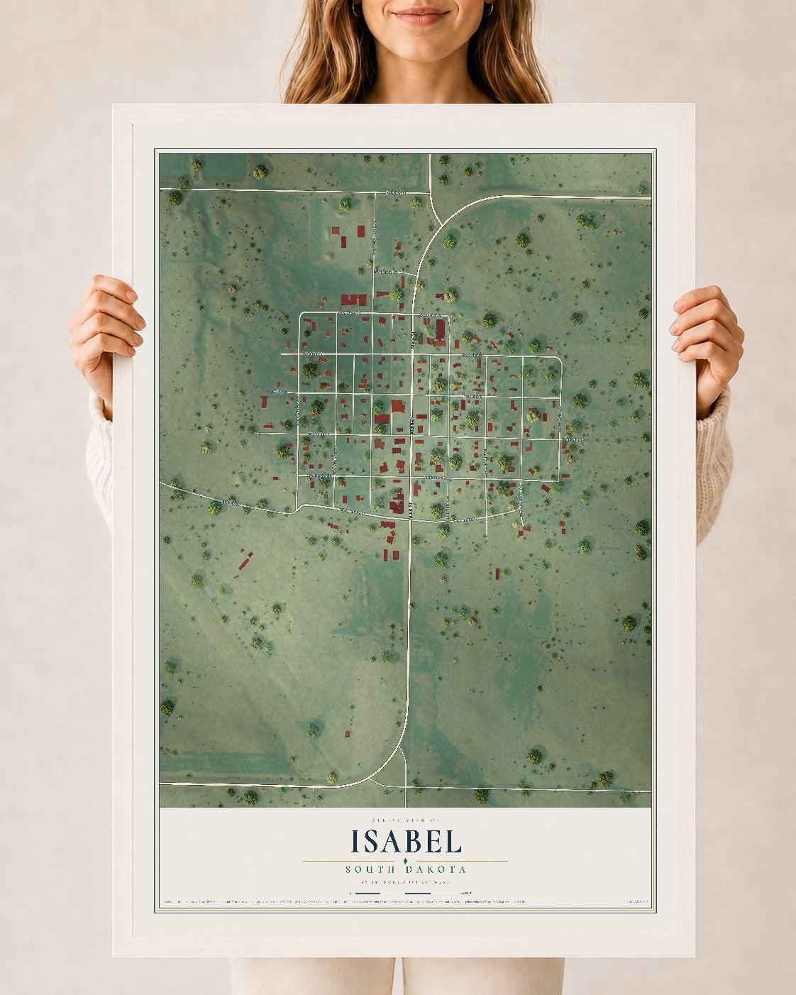 Map of Isabel, South Dakota, 24 x 36 inch print in a white wood frame