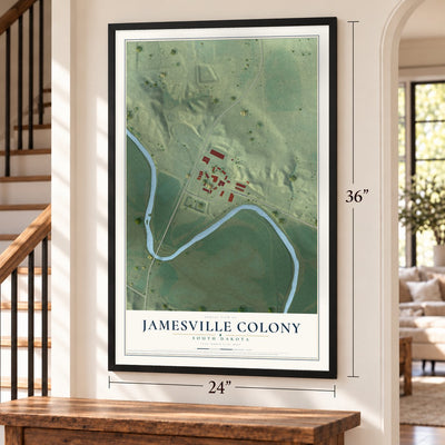 Jamesville Colony, South Dakota map, 24 x 36 inch print in a black frame by a staircase