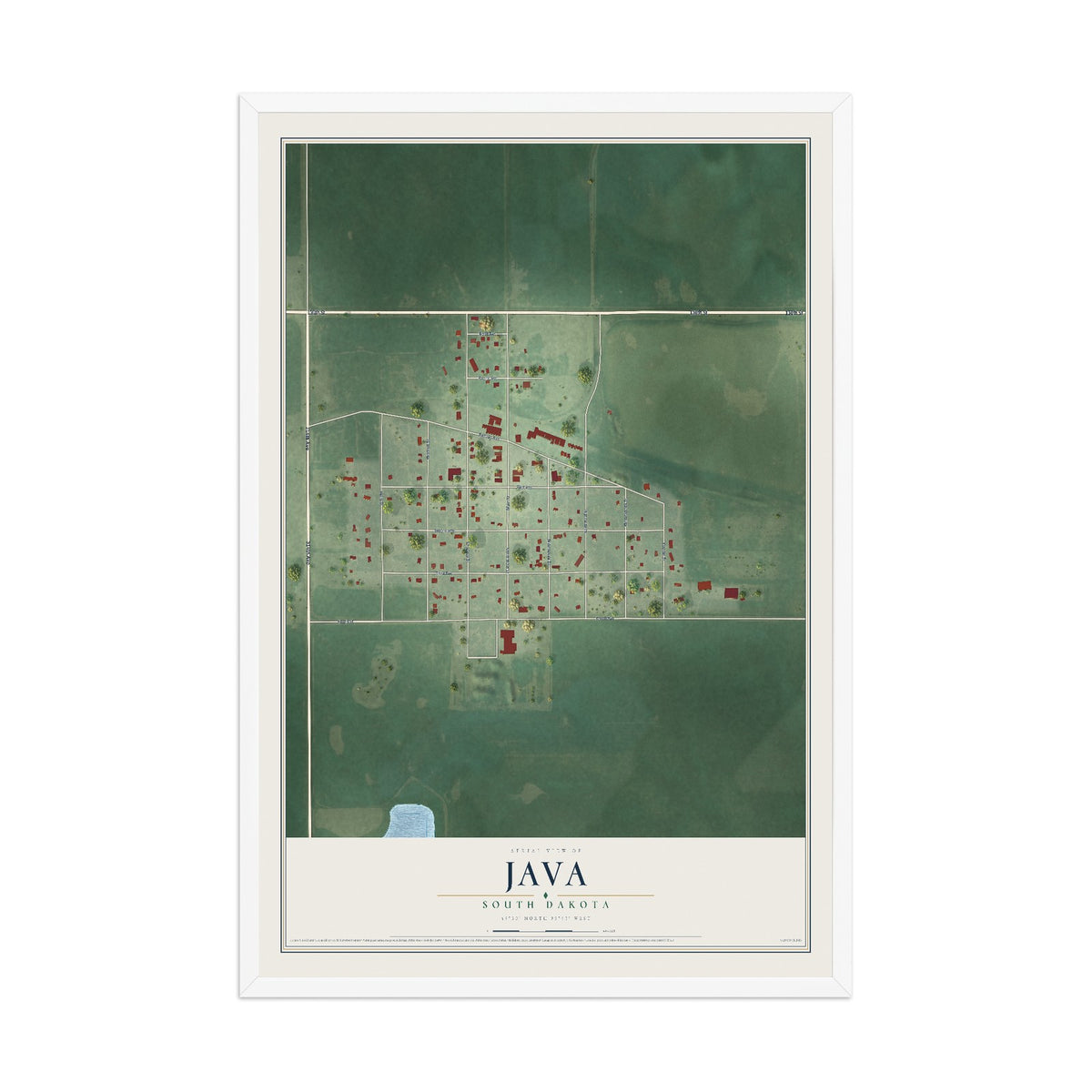 Map of Java, South Dakota, 12 x 18 inch print in a white wood frame
