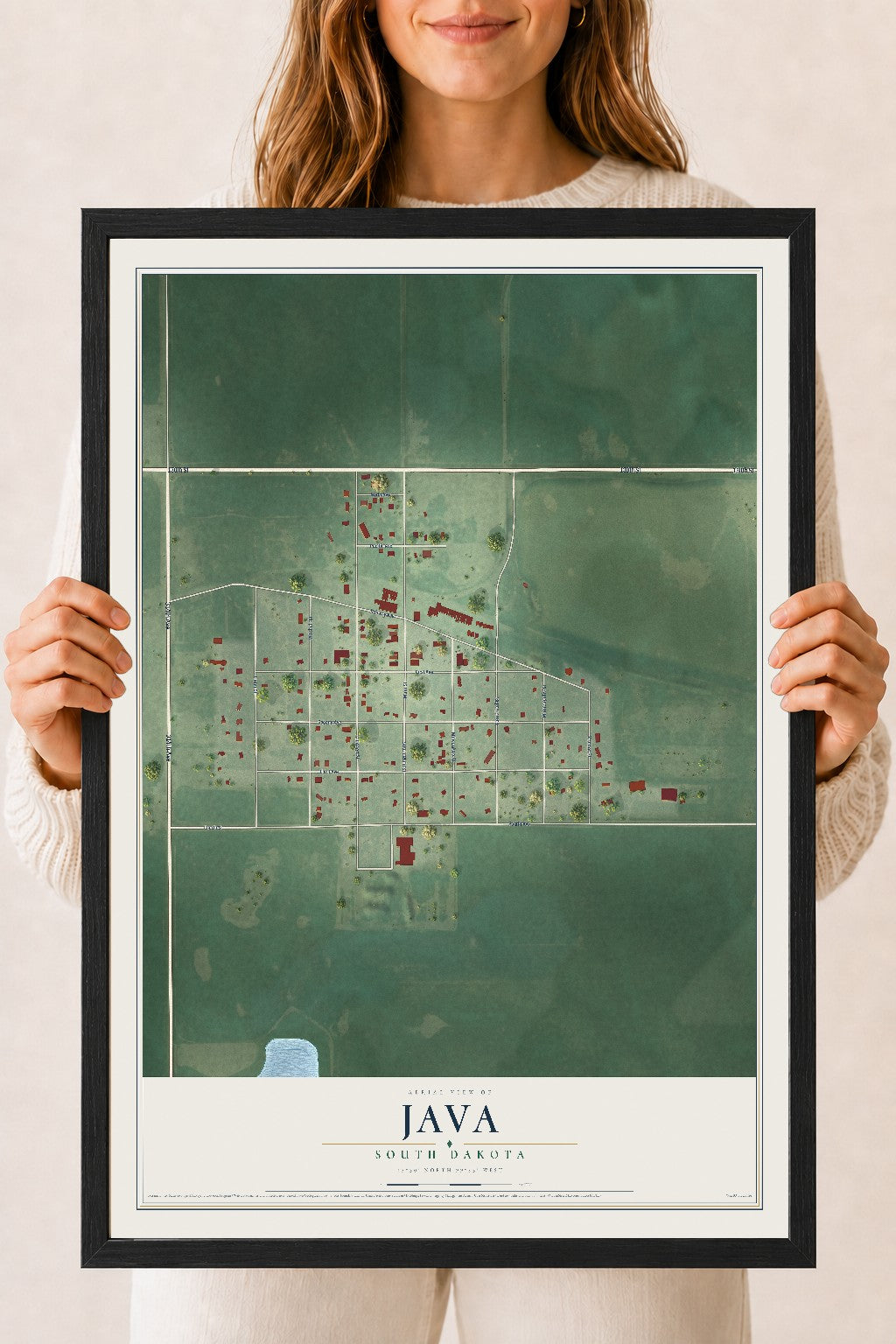 Map of Java, South Dakota, 18 x 24 inch print in a black wood frame