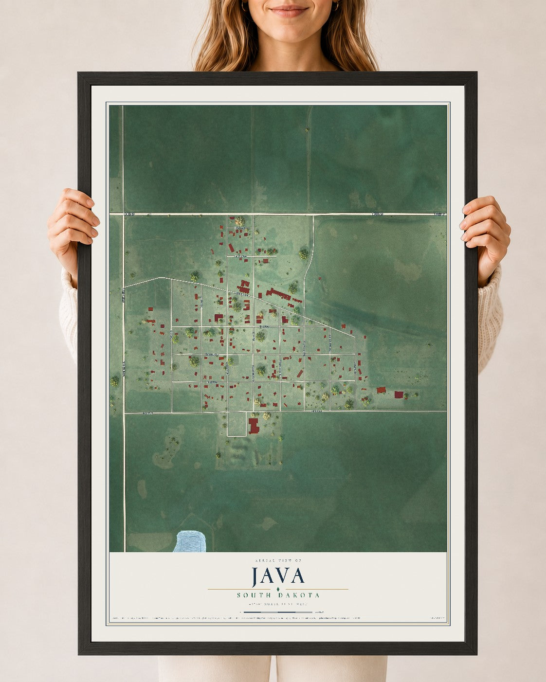Map of Java, South Dakota, 24 x 36 inch print in a black wood frame