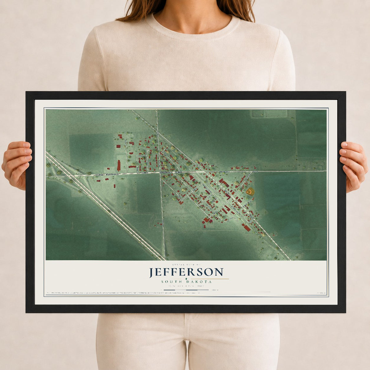 Map of Jefferson, South Dakota, 12 x 18 inch print in a black wood frame
