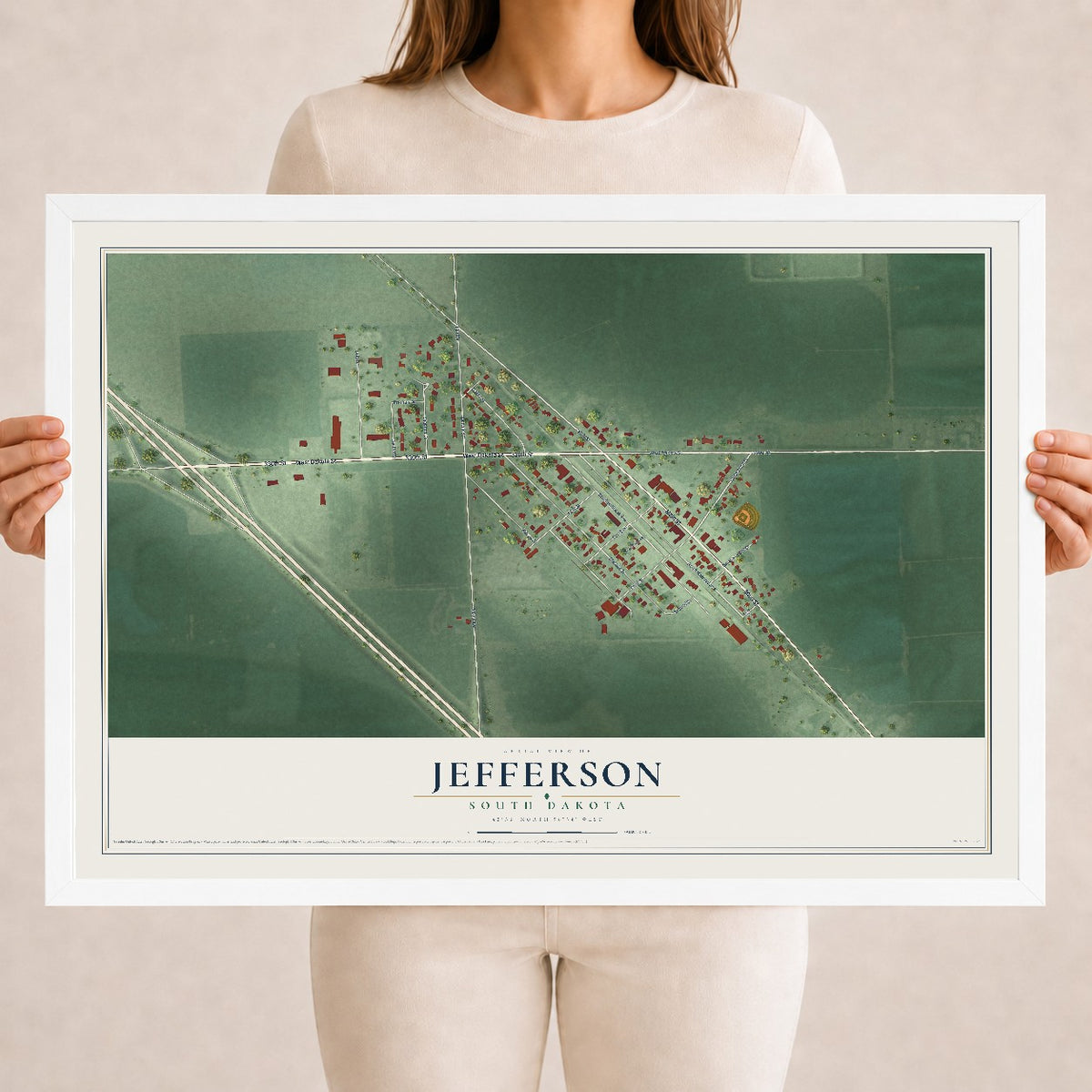 Map of Jefferson, South Dakota, 18 x 24 inch print in a white wood frame