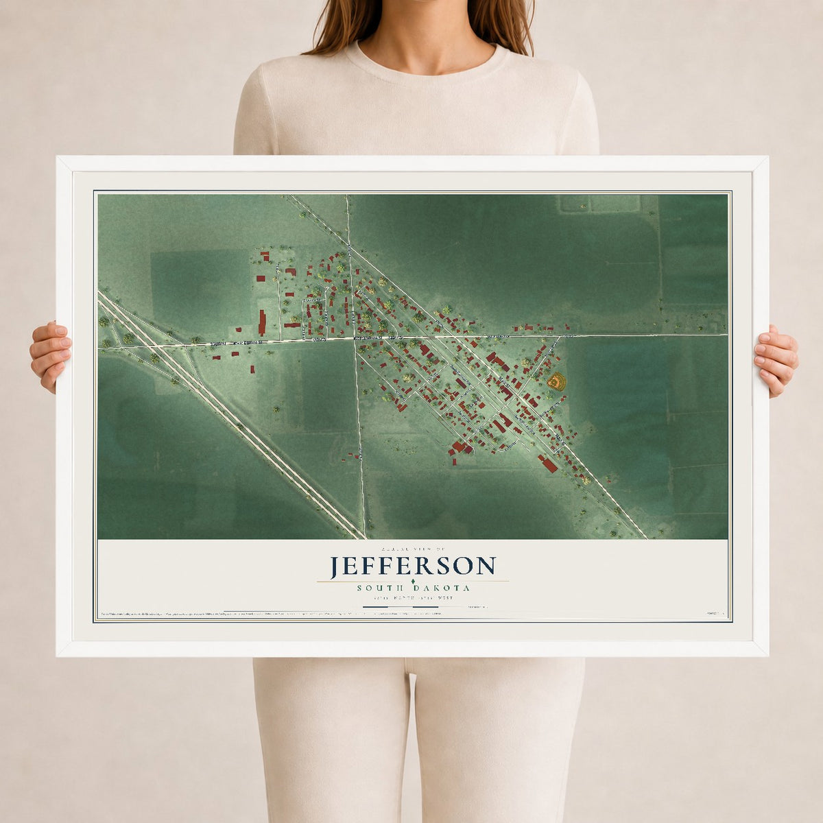 Map of Jefferson, South Dakota, 24 x 36 inch print in a white wood frame