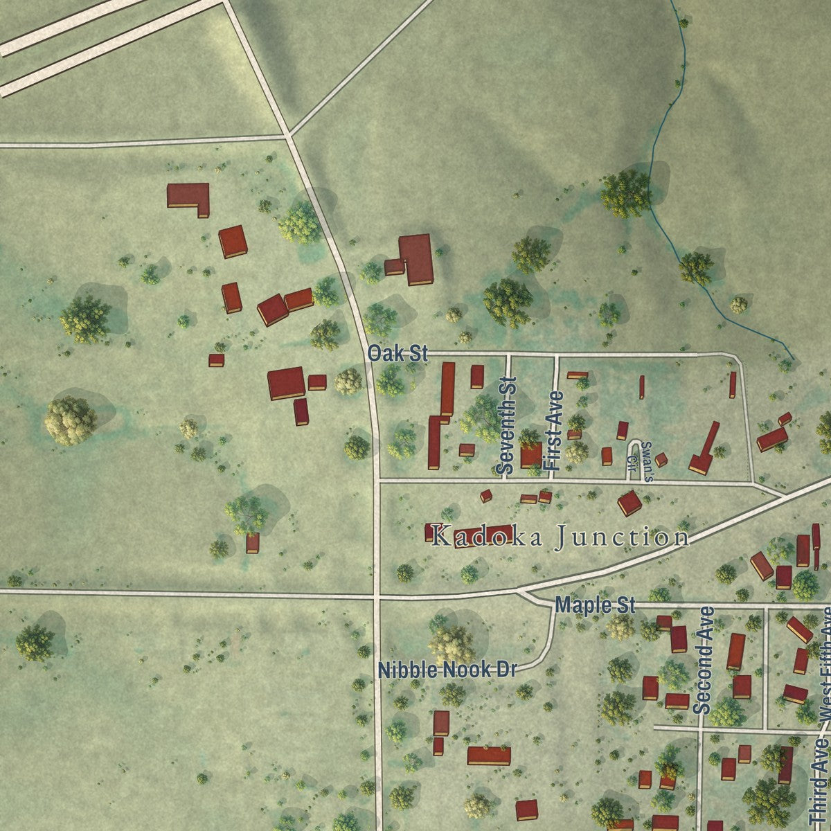 Second close-up of the map of Kadoka, South Dakota print showing more streets and buildings