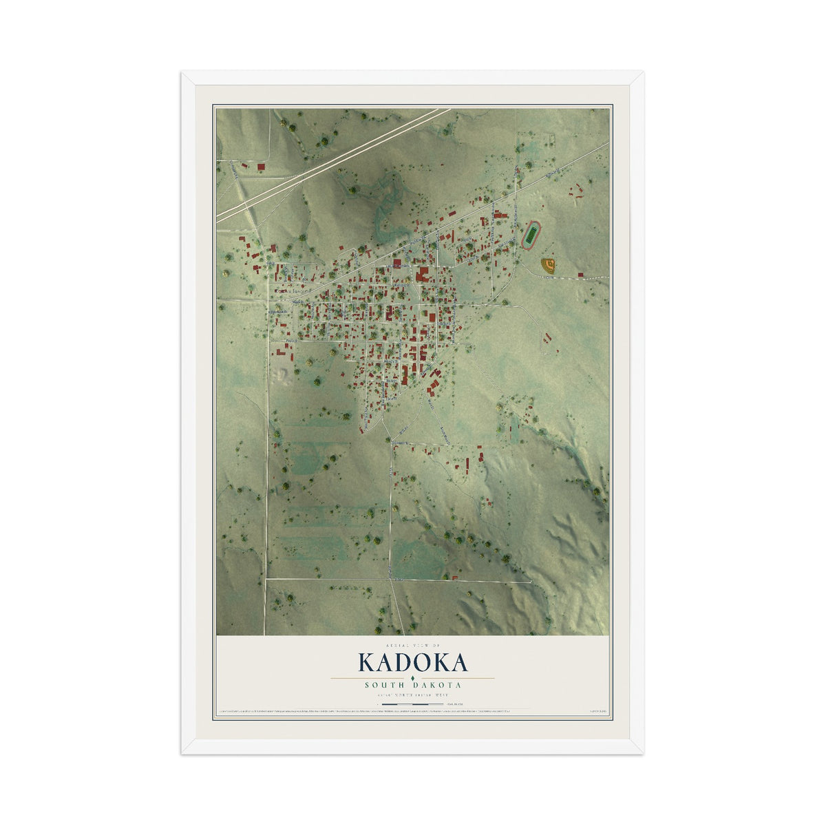 Map of Kadoka, South Dakota, 12 x 18 inch print in a white wood frame
