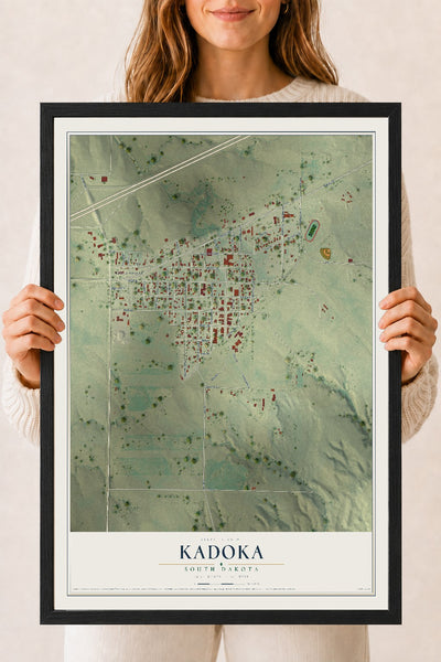Map of Kadoka, South Dakota, 18 x 24 inch print in a black wood frame