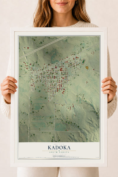 Map of Kadoka, South Dakota, 18 x 24 inch print in a white wood frame