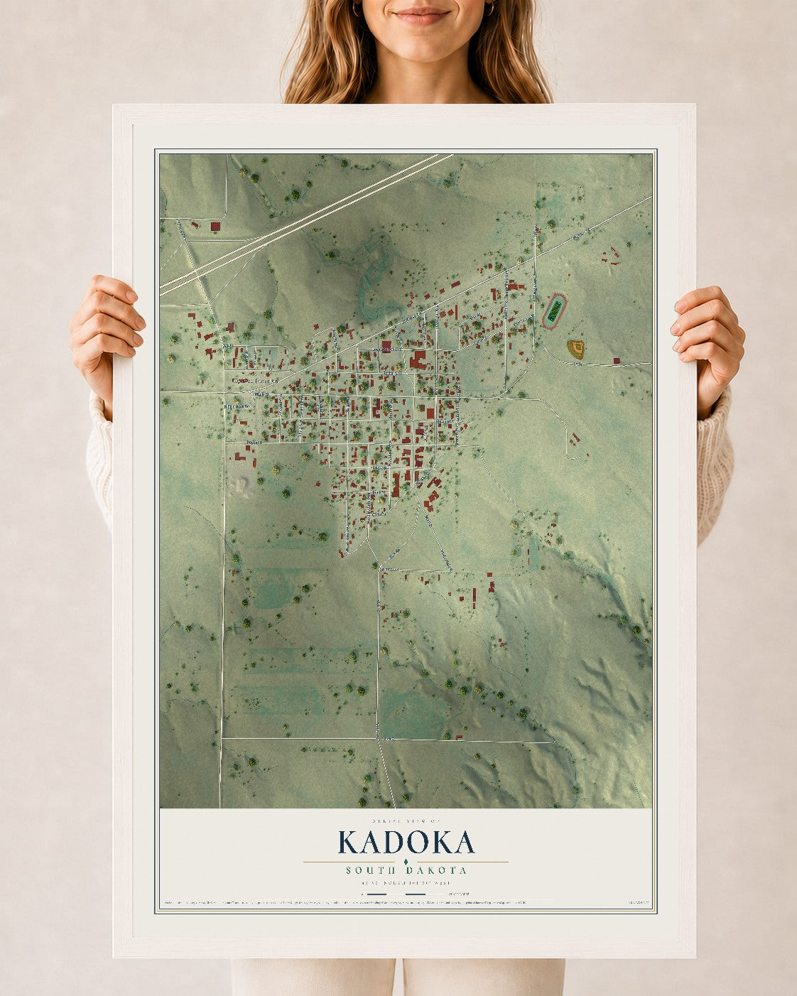 Map of Kadoka, South Dakota, 24 x 36 inch print in a white wood frame