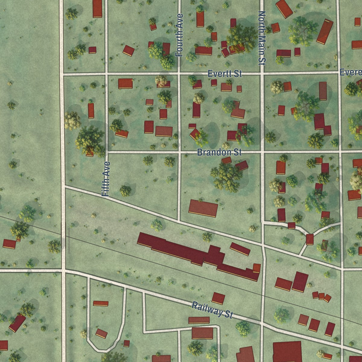 Close-up of the map of Kennebec, South Dakota print showing street and building detail