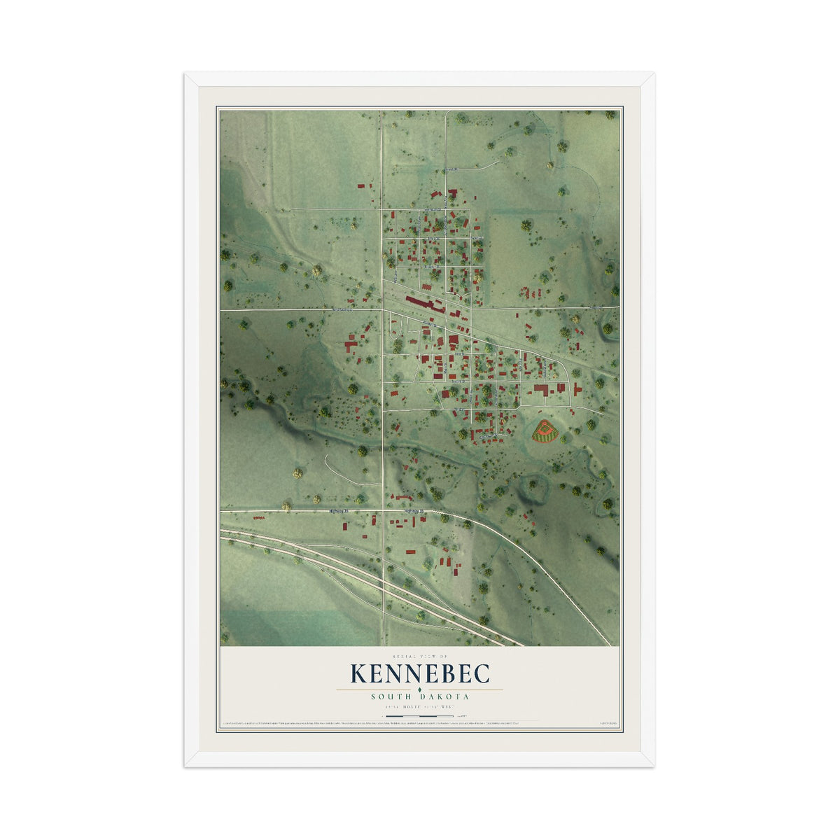 Map of Kennebec, South Dakota, 12 x 18 inch print in a white wood frame
