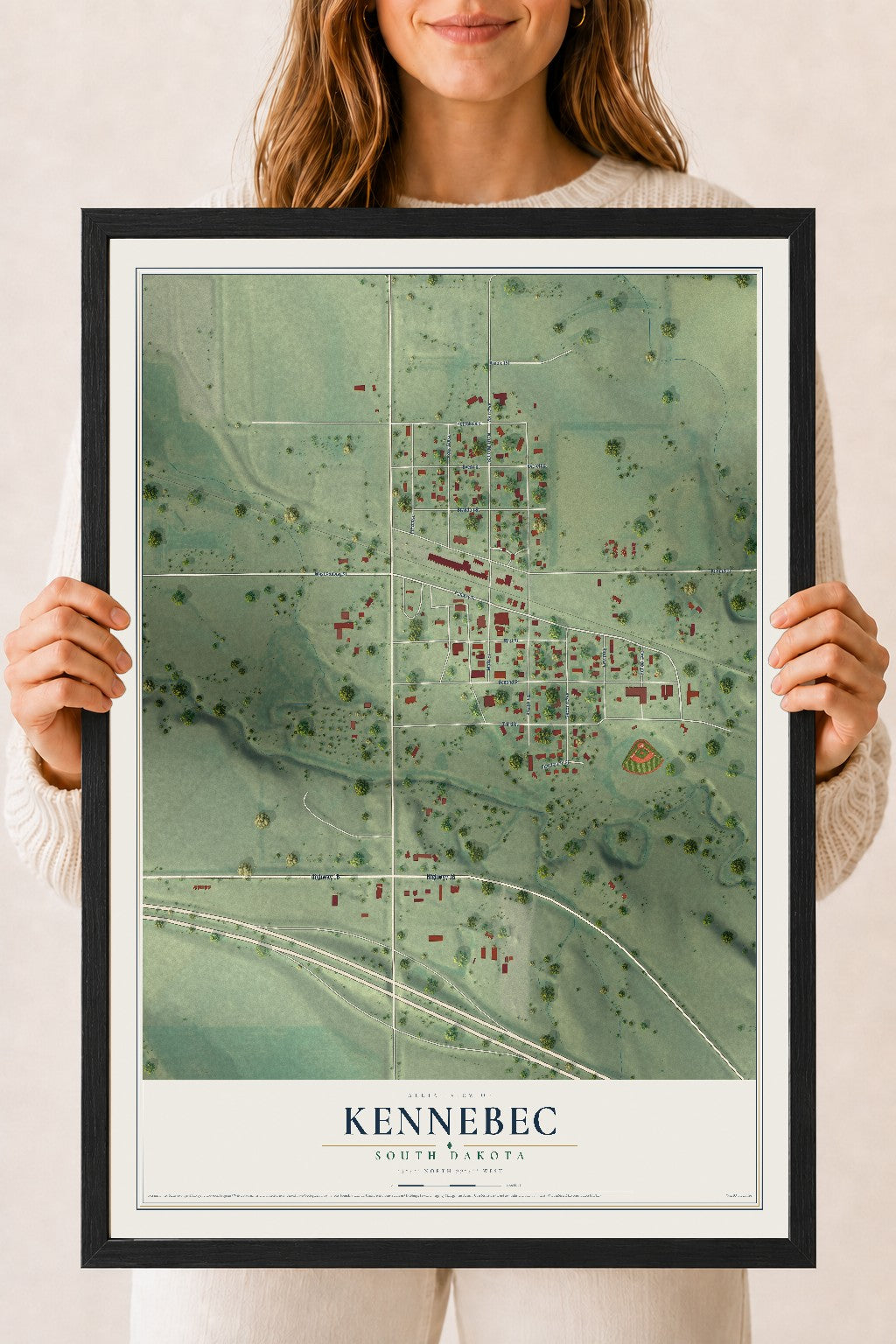 Map of Kennebec, South Dakota, 18 x 24 inch print in a black wood frame