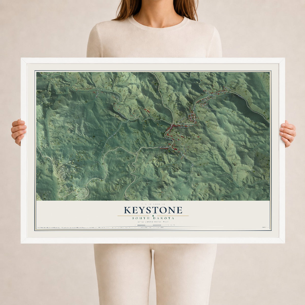 Map of Keystone, South Dakota, 24 x 36 inch print in a white wood frame