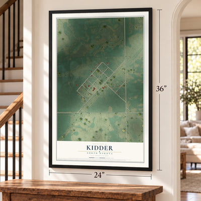 Kidder, South Dakota map, 24 x 36 inch print in a black frame by a staircase