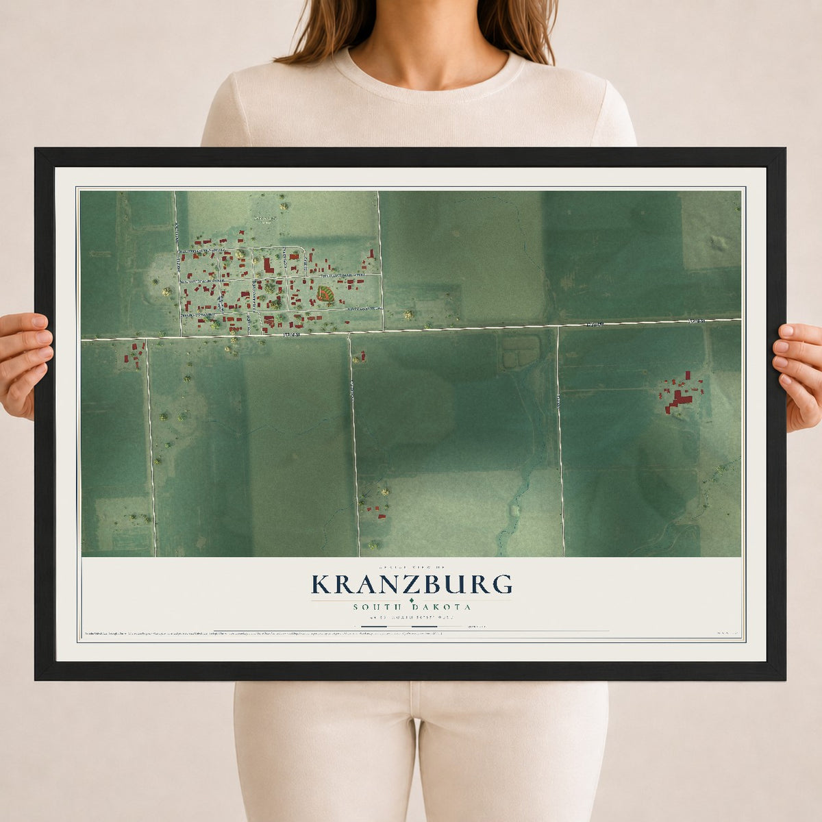 Map of Kranzburg, South Dakota, 18 x 24 inch print in a black wood frame