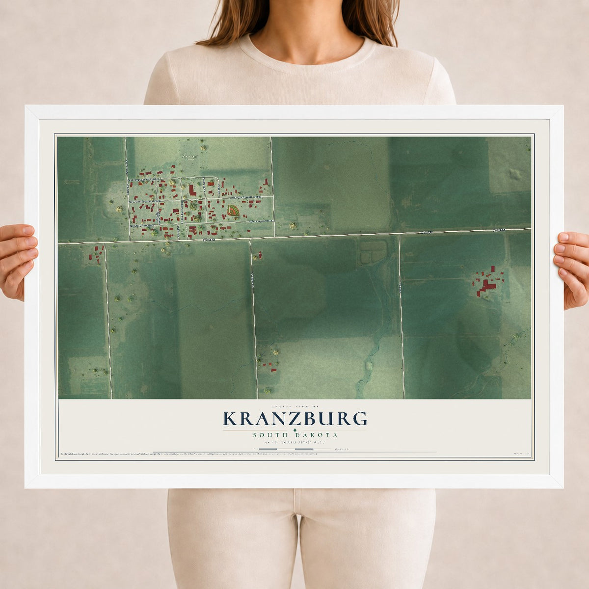 Map of Kranzburg, South Dakota, 18 x 24 inch print in a white wood frame