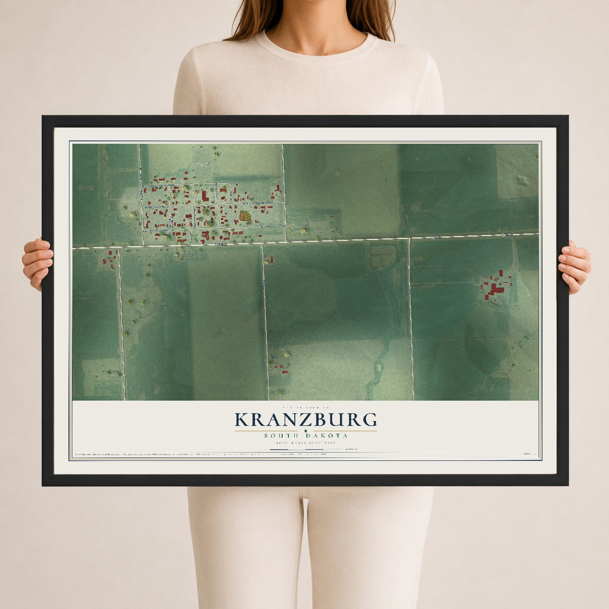 Map of Kranzburg, South Dakota, 24 x 36 inch print in a black wood frame