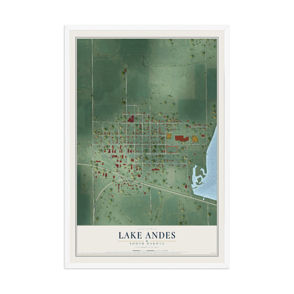 Map of Lake Andes, South Dakota, 12 x 18 inch print in a white wood frame
