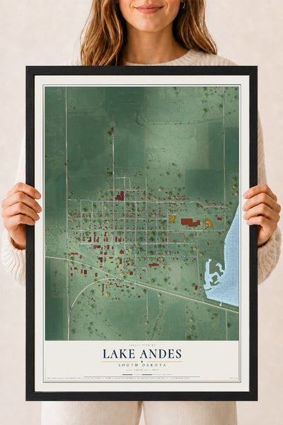 Map of Lake Andes, South Dakota, 18 x 24 inch print in a black wood frame