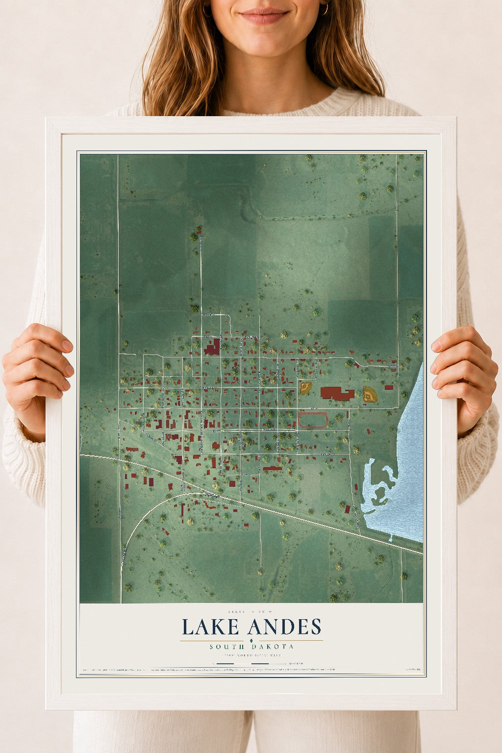 Map of Lake Andes, South Dakota, 18 x 24 inch print in a white wood frame