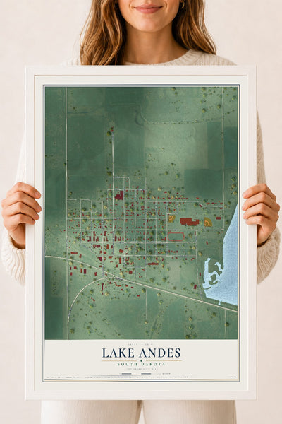 Map of Lake Andes, South Dakota, 18 x 24 inch print in a white wood frame