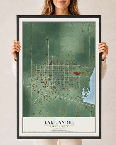 Map of Lake Andes, South Dakota, 24 x 36 inch print in a black wood frame