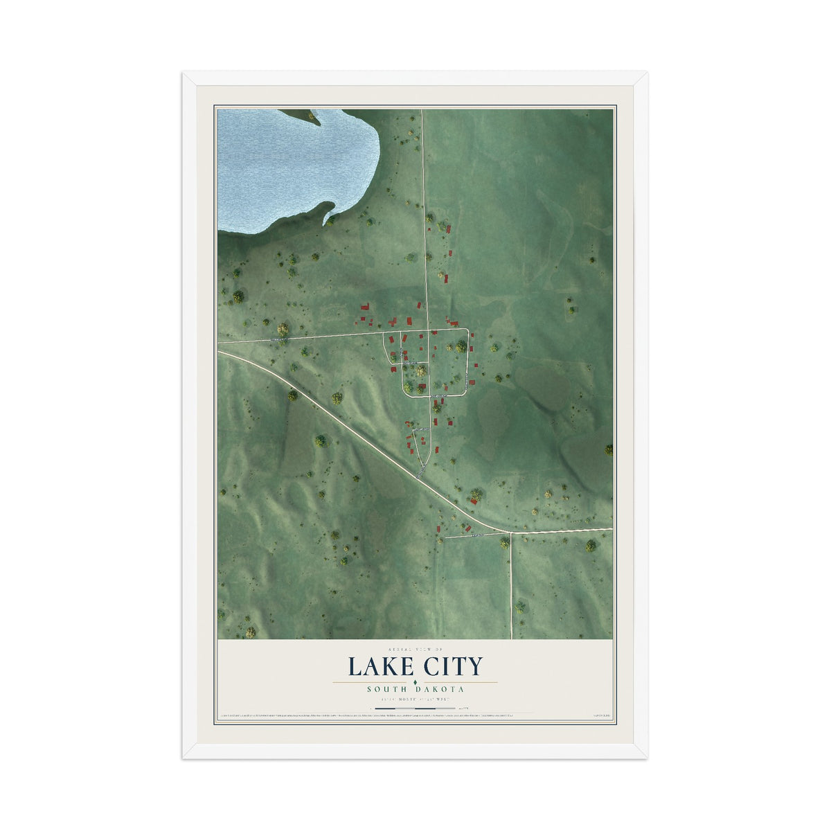 Map of Lake City, South Dakota, 12 x 18 inch print in a white wood frame
