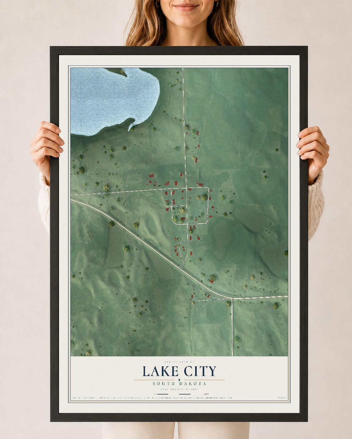 Map of Lake City, South Dakota, 24 x 36 inch print in a black wood frame