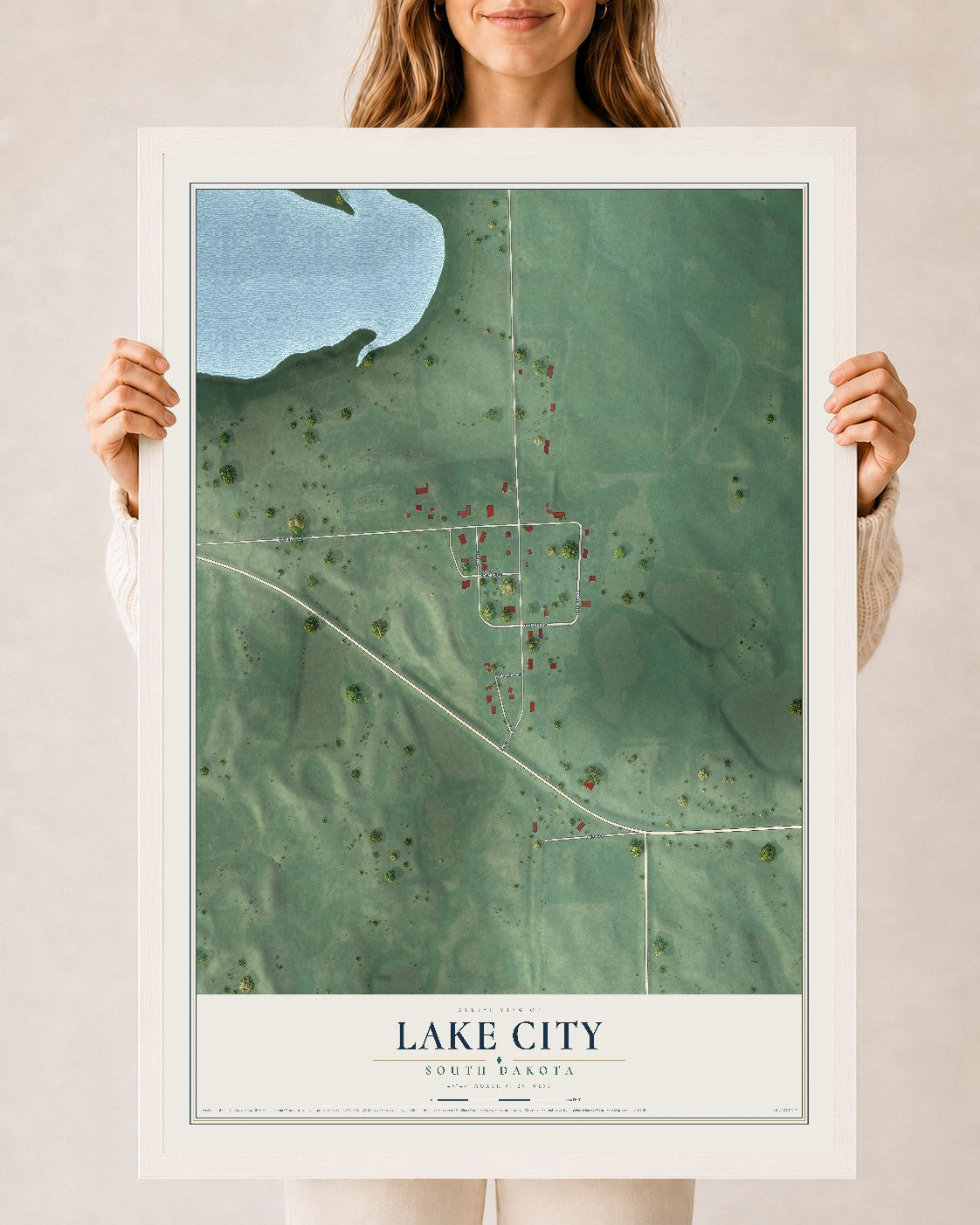 Map of Lake City, South Dakota, 24 x 36 inch print in a white wood frame