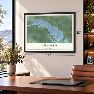 Lake Madison, South Dakota map, 18 x 24 inch print in a black frame in a home office