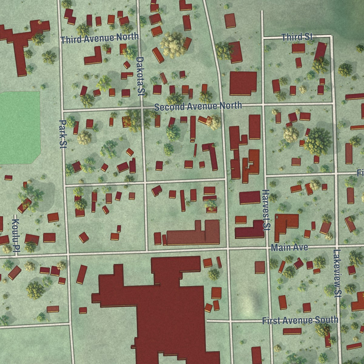 Close-up of the map of Lake Norden, South Dakota print showing street and building detail